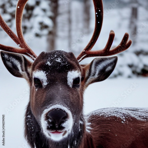Close Up of a Reindeer in the Snow Portrait  photo