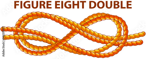 Yellow nautical rope knot, interweaving of ropes, cables, tapes or other flexible linear materials. Figure eight double isolated on white. Household binding and fastening unit for permanent fastening
