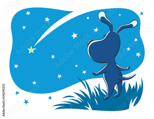 Cartoon vector illustration of cute funny Dog Puppy stargazing starlit night sky watching shooting star.