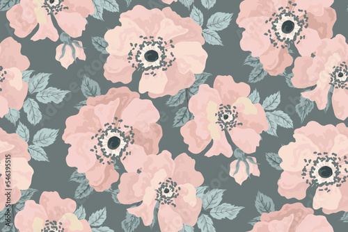 Seamless floral pattern, delicate botanical print with large pink flower buds. Romantic flower design with hand drawn rosehip flowers, leaves on gray background. Vector floral illustration.