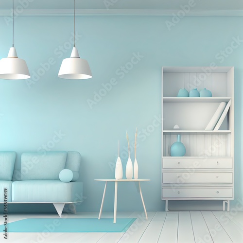 Interior of the room in plain monochrome pastel blue color with furnitures and room accessories. Light background with copy space. 3D rendering for web page  presentation or picture frame backgrounds