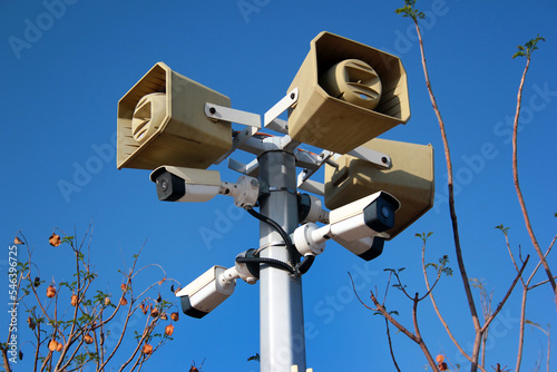 Loudspeakers with motion detectors, CCTV cameras and wireless transceiver photo