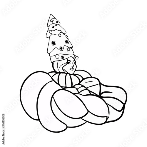Christmas card or poster with a girl dressed as a Christmas tree and celebrating the new year, vector illustration. Postcard A girl in a coat and boots carries a Christmas tree in her hands. 