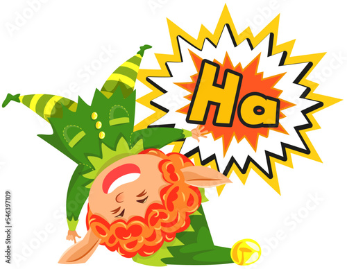 Cute and happy looking Christmas elf having fun somersaulting, making merry with Ha in chat bubble. Funny adorable cartoon character rejoices and amuses. Cheerful smiling boy standing on his head