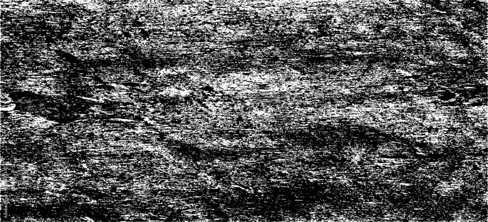 Obraz premium Monochrome texture composed of irregular graphic elements. Distressed uneven grunge background. Abstract vector illustration. Overlay for interesting effect and depth. Isolated on white background.