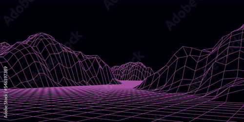 Abstract digital landscape. Wireframe landscape background. 3d futuristic vector illustration.