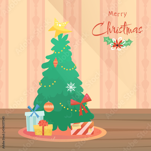 Christmas card. Christmas holiday tree with decorations and gifts boxes.