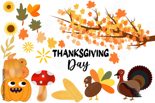Happy Thanksgiving day border with Turkey hen Pumpkin and Tree autumn leaves design elements. Thanksgiving festival animals kids vector border banner, poster,greeting card, text lettering copyspace.