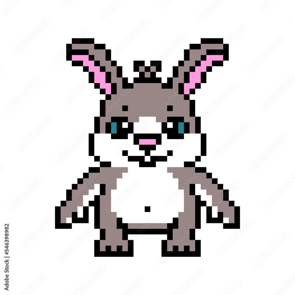 Standing gray rabbit, bunny or hare, cute pixel art character isolated on white background. Old school retro 80s, 90s 8 bit slot machine, computer, video game graphics. Cartoon forest animal mascot.