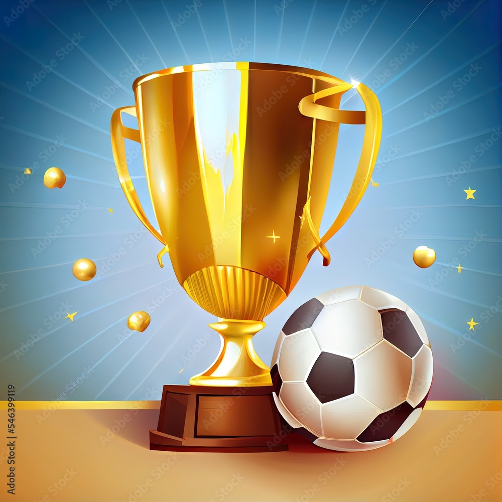 Soccer ball with golden cup. Creative concept background with sports attributes design elements. Realistic 3d object cartoon style. Sports football game. 2r illustrated illustration Soccer ball with golden cup. Creative concept background with sports attributes design elements. Realistic 3d object cartoon style. Sports football game. 2r illustrated illustration