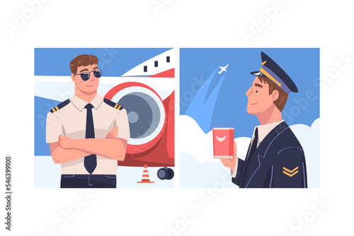 Man Aircraft Pilot or Aviator in Cap and Uniform in Sunglasses and Mug Smiling Vector Set
