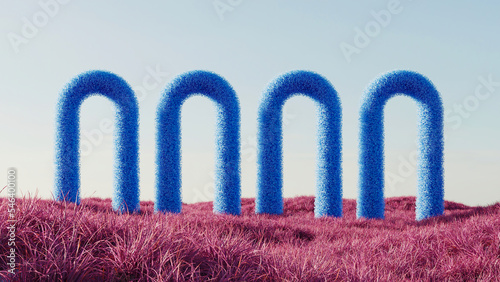 Surreal landscape with soft blue vibrant arcs sculptures among violet pink red field of grass. 3d rendering. Retro futurism surrealism
