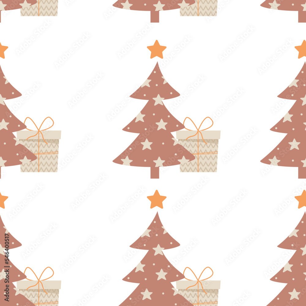 Seamless pattern with boho new year trees with gift boxes in beige color Seamless pattern with boho new year trees with gift boxes in beige color