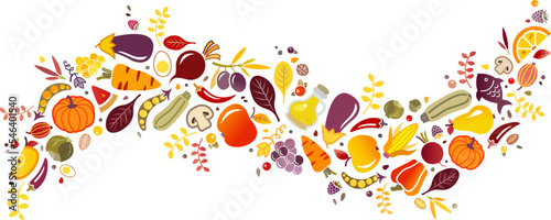Healthy foods vector illustration. High-angle view of various colourful raw fruit and vegetables, olive oil & protein for detox, healthy diet & lifestyle; red, orange & yellow antioxidant food.