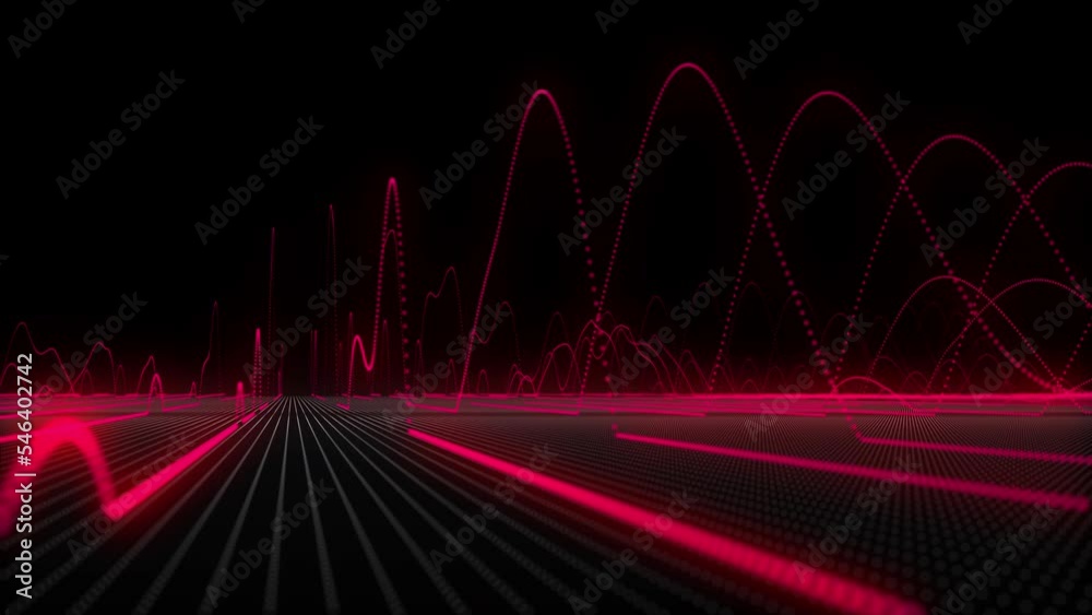 Red neon particle sine waves oscillating up and down at high frequency towards the camera. This physics oscillation concept motion background is 4K and a seamless loop.