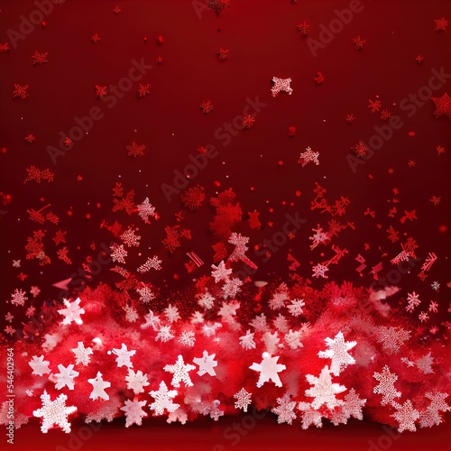 3D rendering of Fluffy snowflakes are falling down with a star red backgroundhigh quality illustration