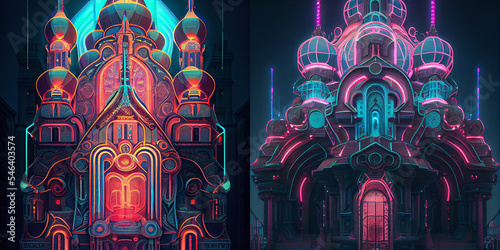 Fotografie, Obraz Cyberpunk orthodox church, stained glass window in church, neon lights, neon for