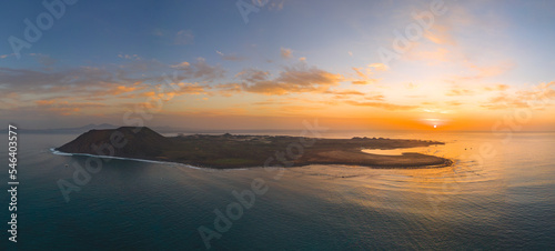 Sunrise aerial view of the island of Lobos near Corralejo Fuerteventura