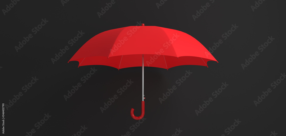 Open red umbrella on black background. Front view parasol. Protection concept. 3d rendered image. Open red umbrella on black background. Front view parasol. Protection concept. 3d rendered image.