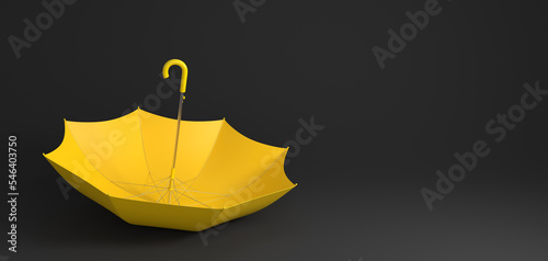 Yellow umbrella lying upside down on black background. 3d rendered image.