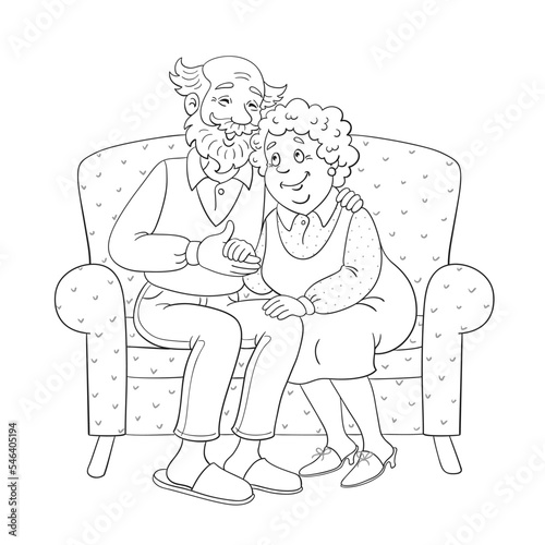 Cute elderly couple sitting on a sofa. In cartoon style. Black and white picture with grey details. For coloring book. Isolated on white background.
