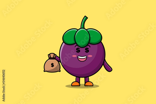 Cute cartoon Crazy rich Mangosteen with money bag shaped funny in modern design illustration