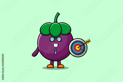 Cute cartoon Mangosteen businessman holding target and arrow with happy expression  
