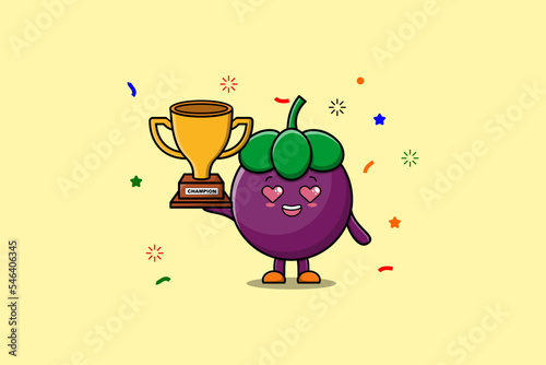 Cute Cartoon character illustration of Mangosteen is holding up the golden trophy in illustration