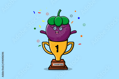 Cute cartoon Mangosteen character in trophy in concept flat cartoon style in modern illustration