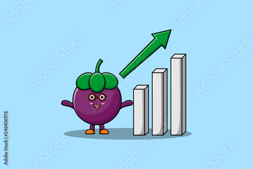 cute cartoon Mangosteen with rising sign graphic in flat 3d modern design