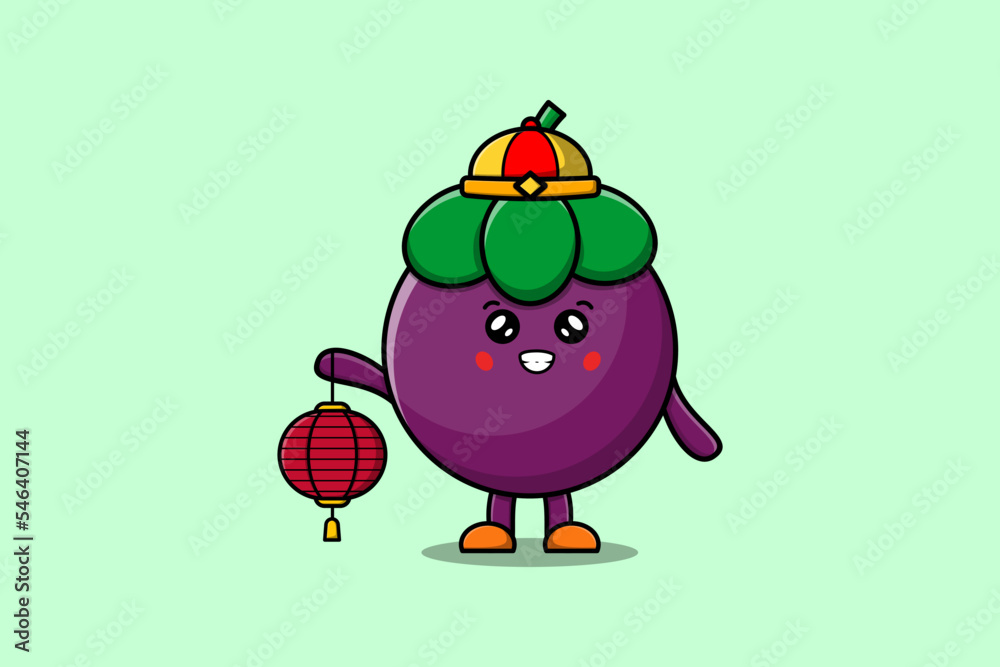 Cute cartoon Mangosteen chinese character holding lantern in vector icon illustration