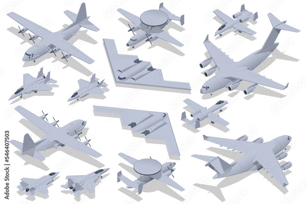 Isometric set of Military Aviation Air Force. attack aircraft, Stealth Strategic heavy Bomber, Strategic and tactical airlifter, Military Aviation. Strategic and tactical airlifter - obrazy, fototapety, plakaty 