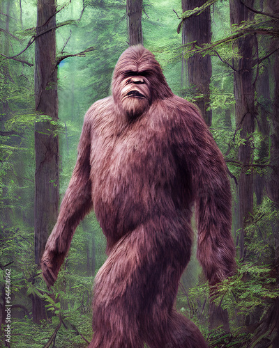 Bigfoot walking in the deep forest. Illustration digital matte painting photo