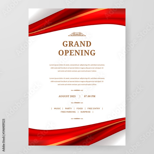 Grand Opening poster celebration with red fabric satin silk ribbon element decoration for luxury elegant vip royal