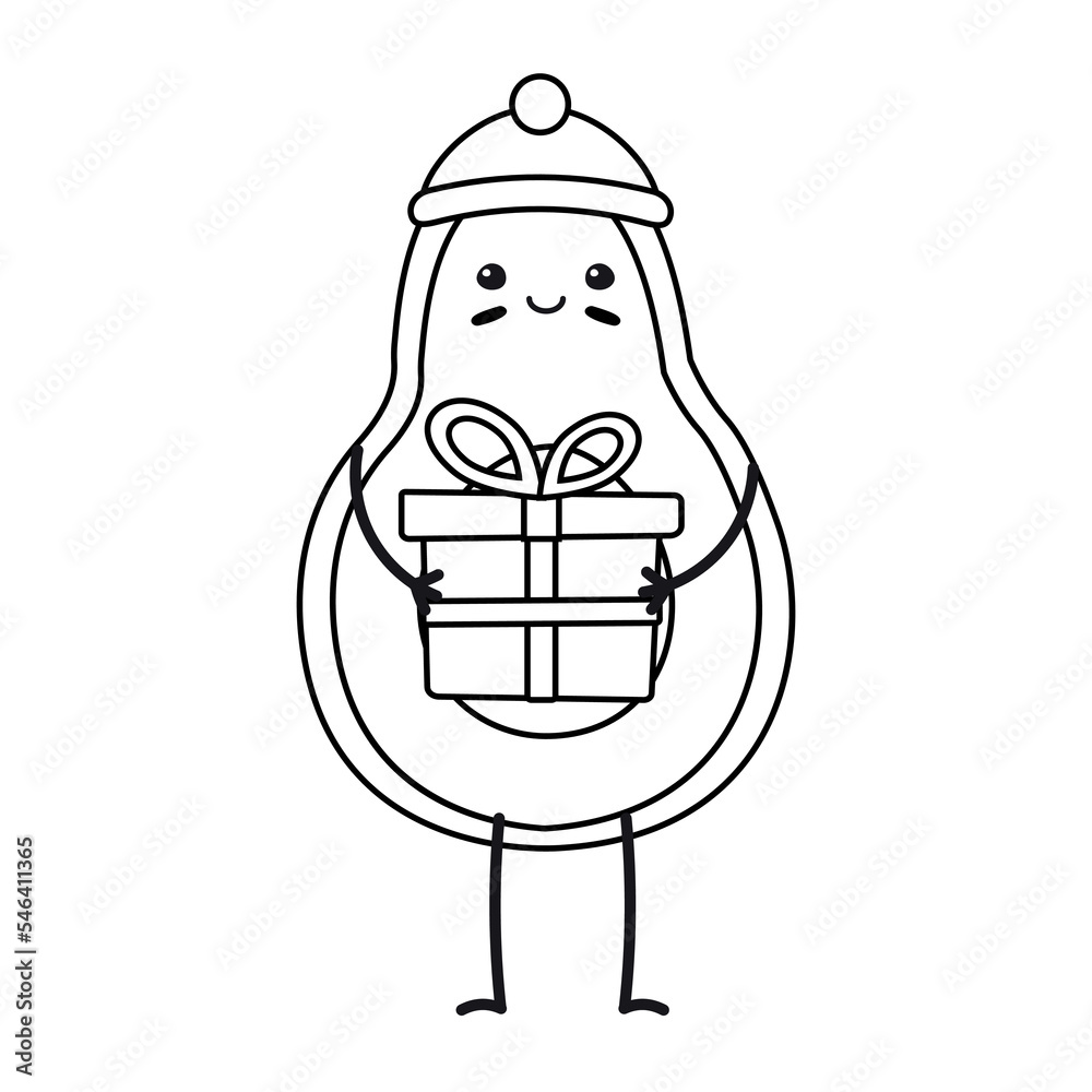 Fototapeta premium Vector flat outline Christmas avocado with present isolated on white background