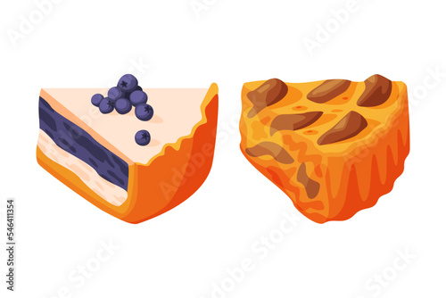 Cut Piece of Baked Pie with Sweet Creamy Filling and Shortcrust Pastry Vector Set