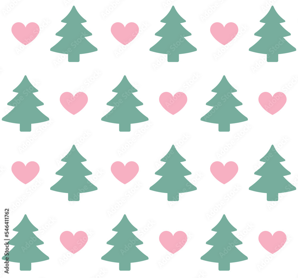 Vector seamless pattern of flat spruce tree and hearts silhouette isolated on white background