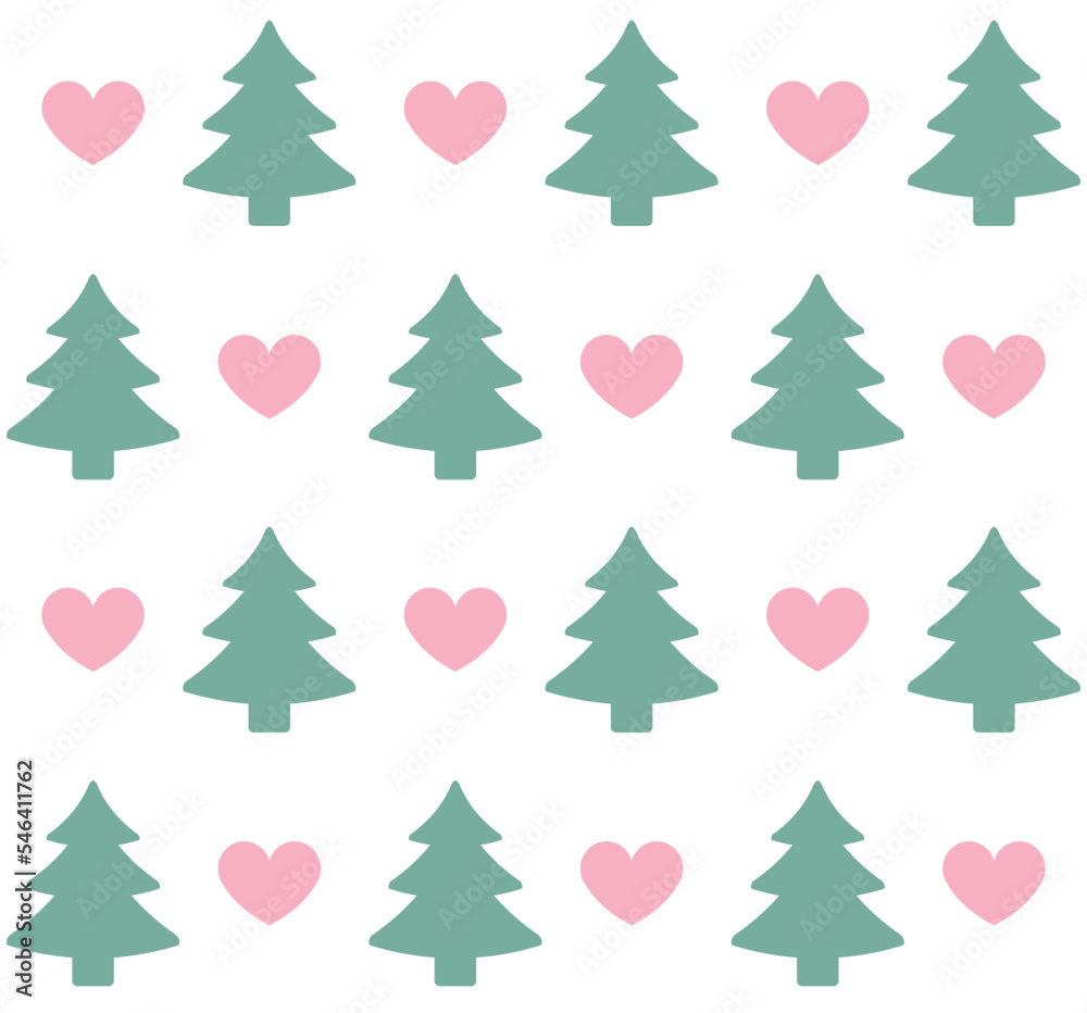 Vector seamless pattern of flat spruce tree and hearts silhouette isolated on white background Vector seamless pattern of flat spruce tree and hearts silhouette isolated on white background