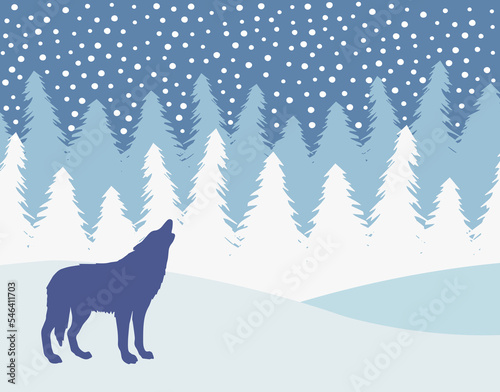 Vector wolf silhouette isolated on winter landscape background © Sweta