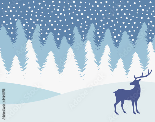 Vector deer silhouette isolated on winter landscape background
