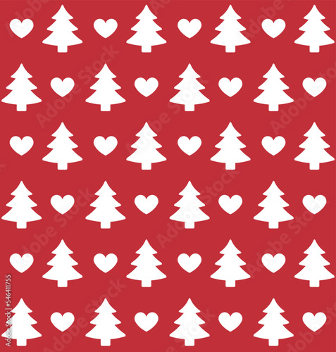 Vector seamless pattern of flat spruce tree and hearts silhouette isolated on red background