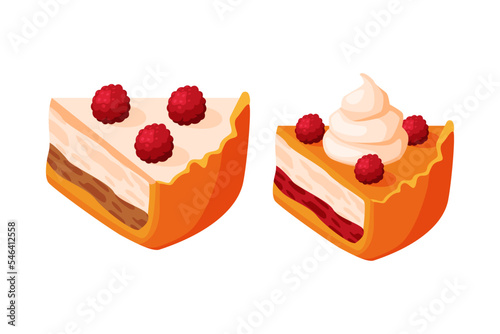 Cut Piece of Baked Pie with Sweet Creamy Filling and Shortcrust Pastry Vector Set