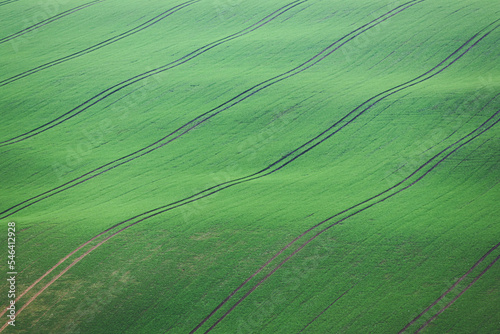 Close-up, abstract detail of tractor track lines over the rolling countryside landscape in the farmland of South Moravia in the Czech Republic. © Stephen