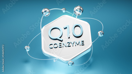 coenzyme q10 symbol on a hexagon with orbits, floating atoms and electrons, 3d image photo