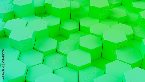 Abstract background with waves made of blue-green gradation futuristic honeycomb mosaic hexagon geometry primitive forms that goes up and down under white background. 3D illustration. 3D CG.