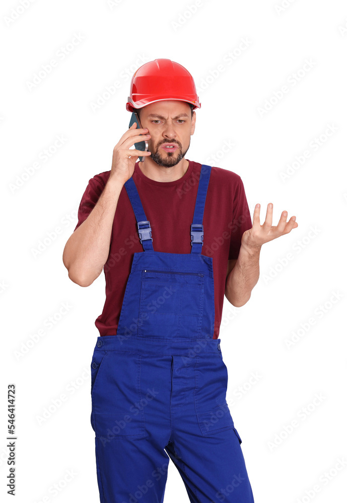 Professional repairman in uniform talking on phone against white background, space for text