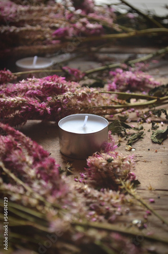 Dead Celosia Flowers with Candles on a Rustic Wood Background | Romantic Dead Flowers | Candles with Flowers