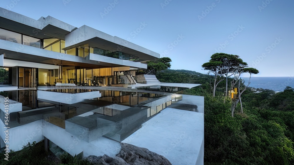 Luxurious modern white villa with a pool in the mountains among tropical trees. Modern architecture of a country house in the mountains.