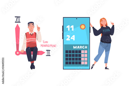 Man and Woman Character Planning Time with Smartphone Calendar and Sitting on Clock Hand Vector Set