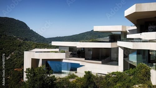 Luxurious modern white villa with a pool in the mountains among tropical trees. Modern architecture of a country house in the mountains.